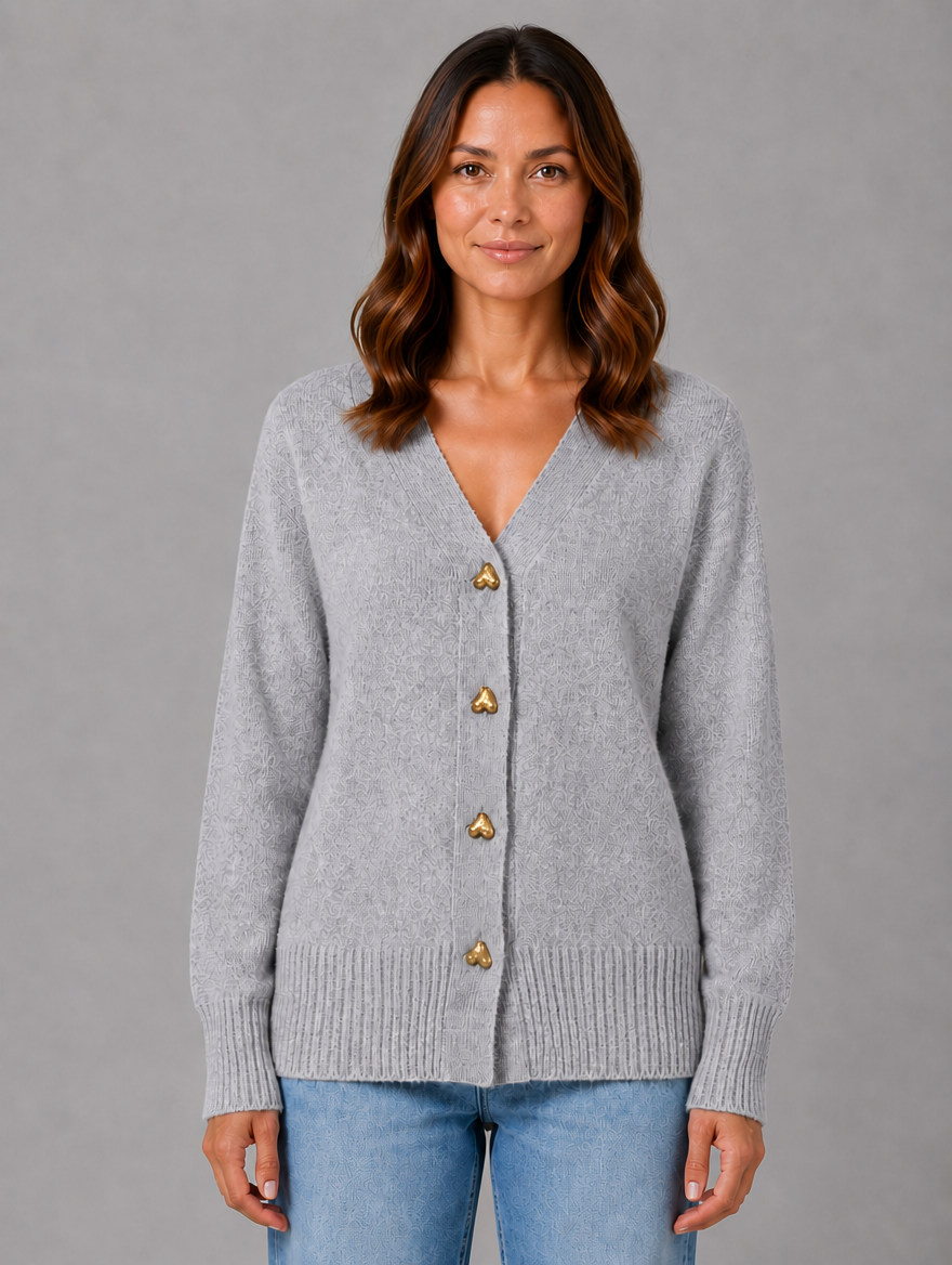 Women's Heart Button Cardigan – Soft Knit V-Neck Button-Up Style — Grey