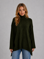 Women's Roll Neck Oversized Jumper – Soft Knit Longline Sweater — Green