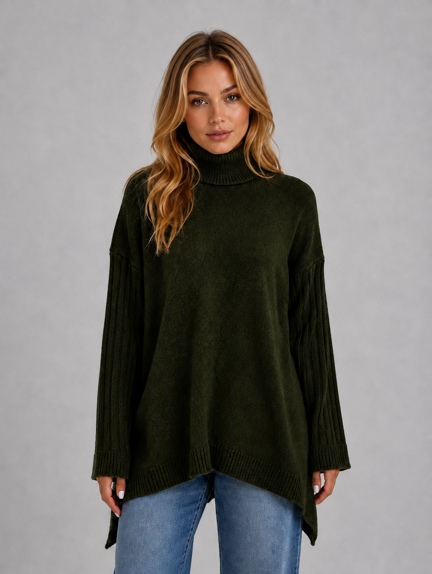 Women's Roll Neck Oversized Jumper – Soft Knit Longline Sweater — Green