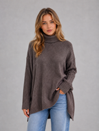 Women's Roll Neck Oversized Jumper – Soft Knit Longline Sweater — Brown