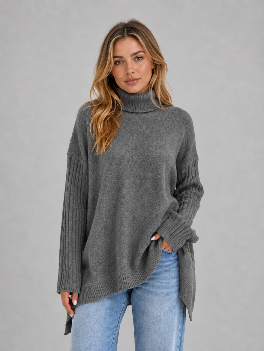 Women's Roll Neck Oversized Jumper – Soft Knit Longline Sweater — Grey