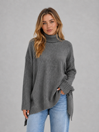 Women's Roll Neck Oversized Jumper – Soft Knit Longline Sweater — Grey