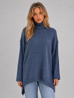 Women's Roll Neck Oversized Jumper – Soft Knit Longline Sweater — Blue