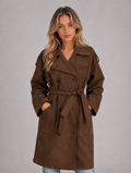 Women's Suede Look Trench Coat – Belted Long Double-Breasted Style — Brown
