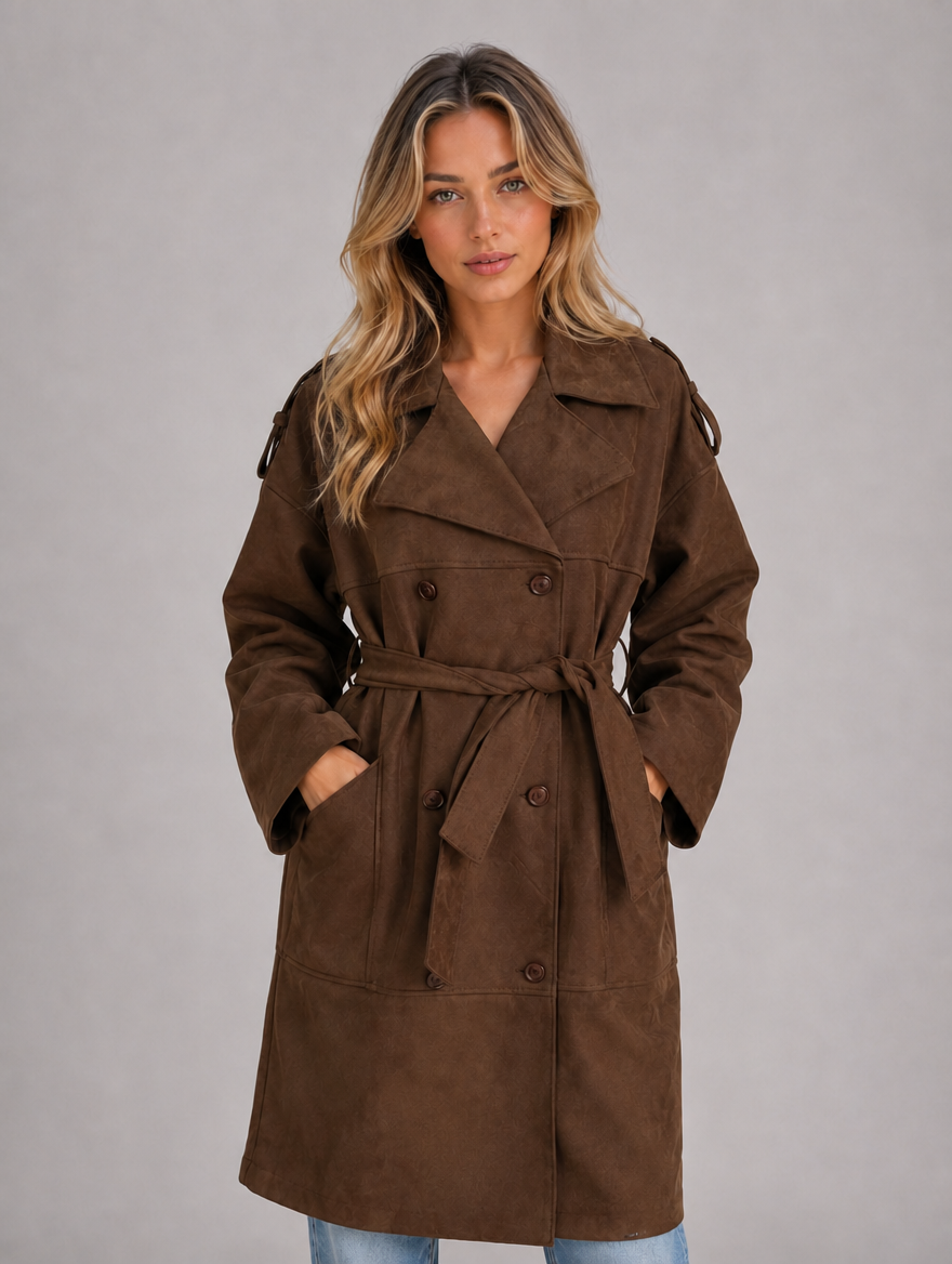Women's Suede Look Trench Coat – Belted Long Double-Breasted Style — Brown