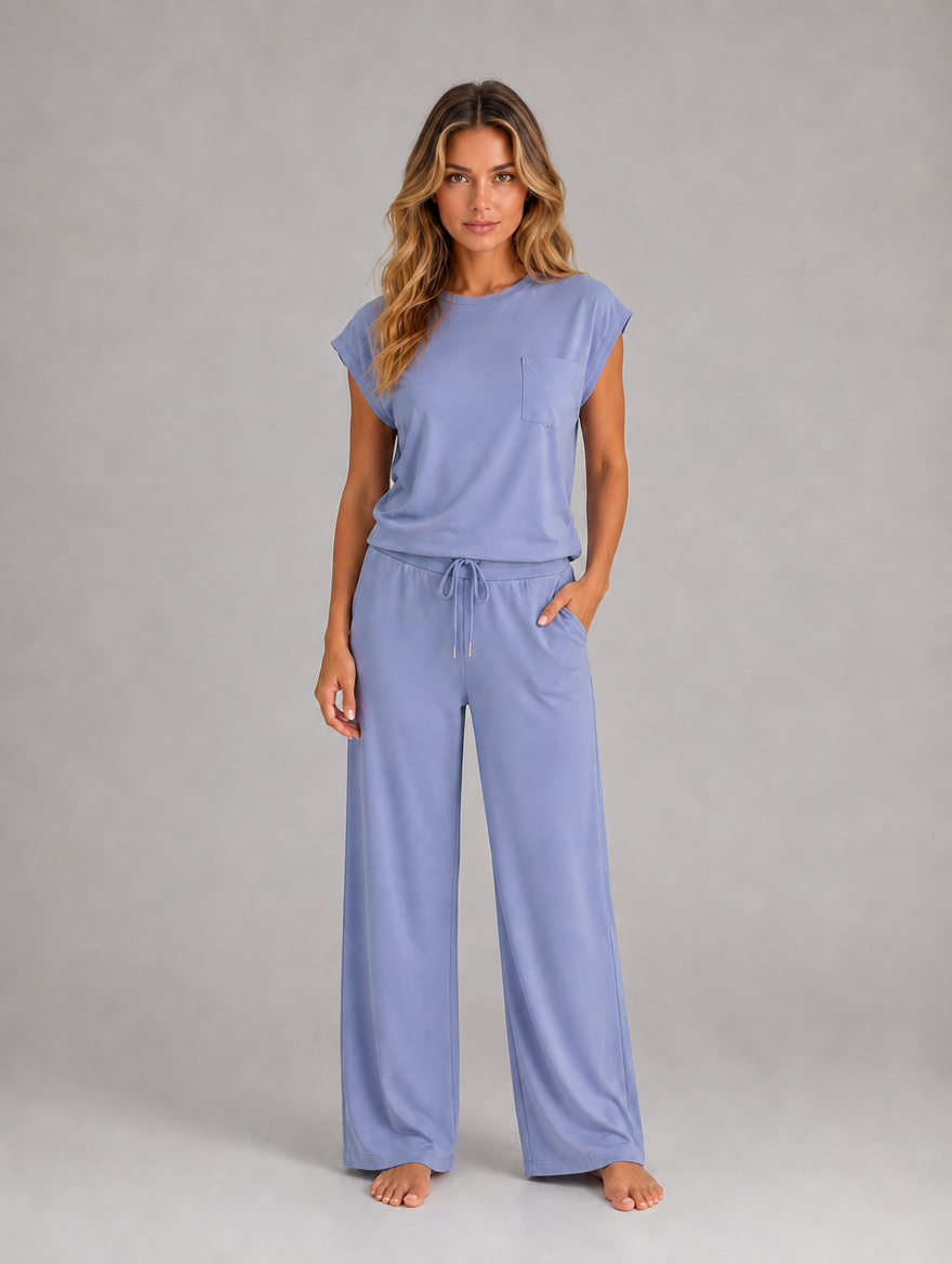 Women's Two-Piece Lounge Set – Relaxed T-Shirt & Wide Leg Trousers Co-Ord — Dusty Blue