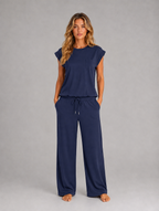 Women's Two-Piece Lounge Set – Relaxed T-Shirt & Wide Leg Trousers Co-Ord — Navy