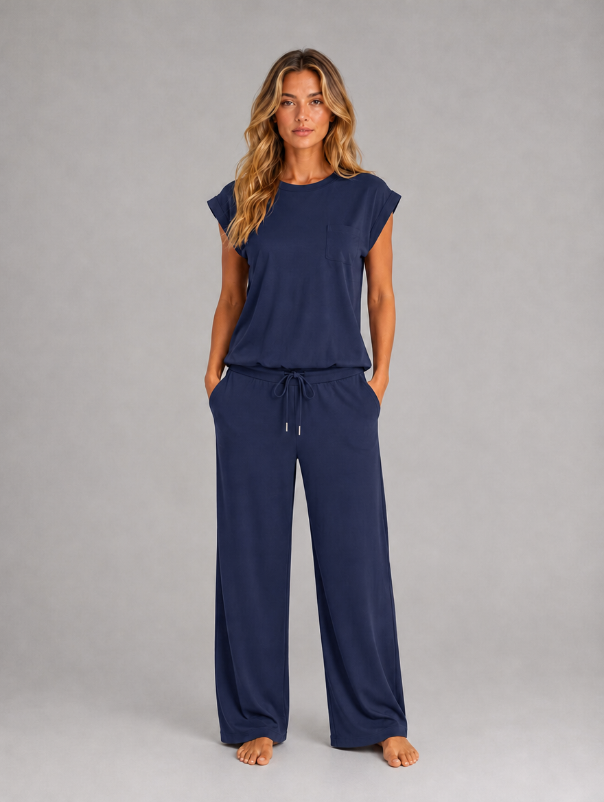 Women's Two-Piece Lounge Set – Relaxed T-Shirt & Wide Leg Trousers Co-Ord — Navy
