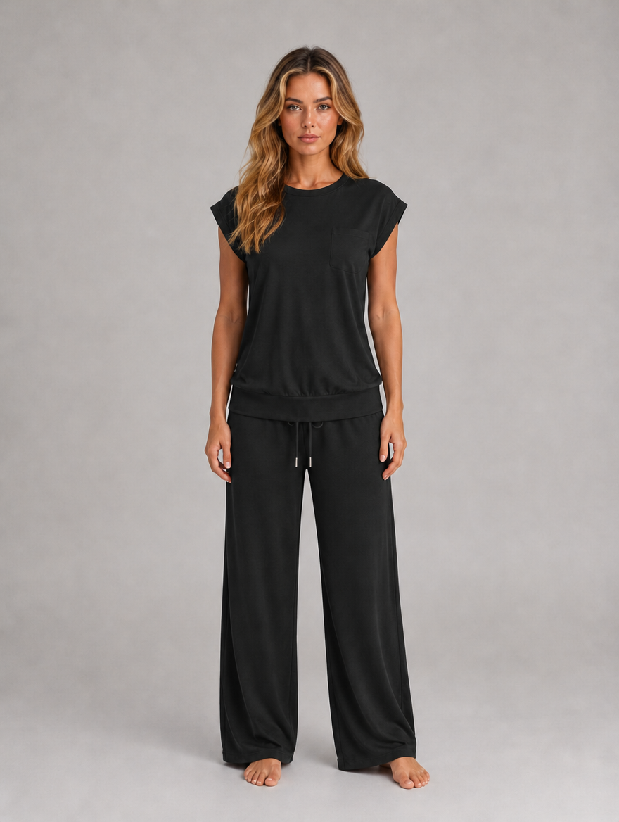 Women's Two-Piece Lounge Set – Relaxed T-Shirt & Wide Leg Trousers Co-Ord — Black