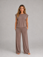 Women's Two-Piece Lounge Set – Relaxed T-Shirt & Wide Leg Trousers Co-Ord — Brown