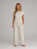 Women's Two-Piece Lounge Set – Relaxed T-Shirt & Wide Leg Trousers Co-Ord — Apricot