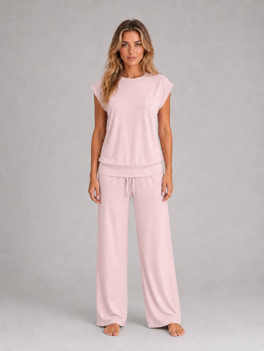 Women's Two-Piece Lounge Set – Relaxed T-Shirt & Wide Leg Trousers Co-Ord — Pink