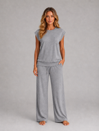 Women's Two-Piece Lounge Set – Relaxed T-Shirt & Wide Leg Trousers Co-Ord — Grey