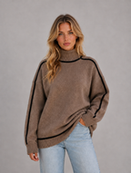 Women's Roll Neck Jumper – Soft Knit Oversized Sweater — Brown