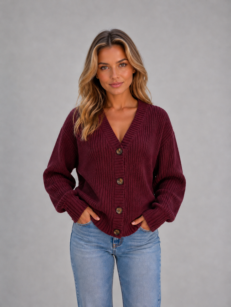 Women's Chunky Knit Cardigan — Bordeaux