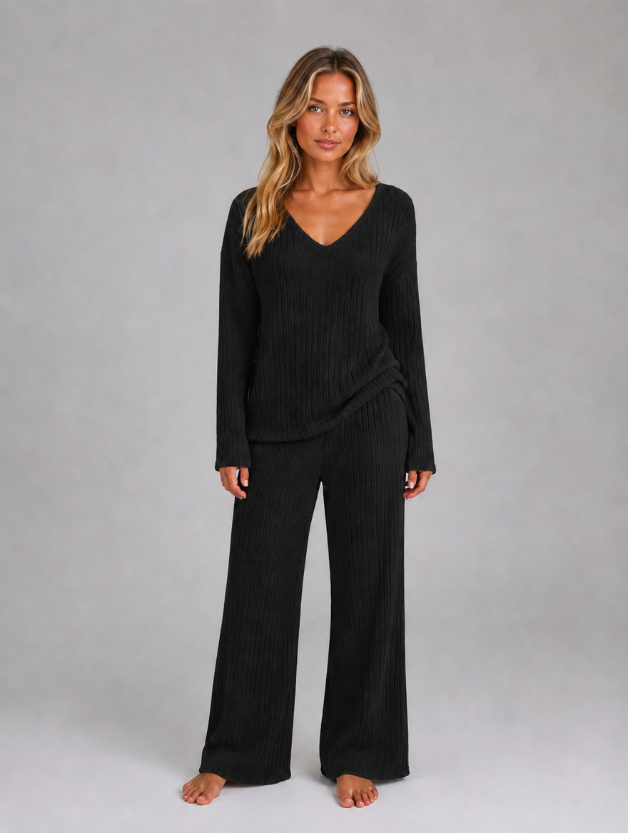 Women's Ribbed Knit Lounge Co-Ord — Black