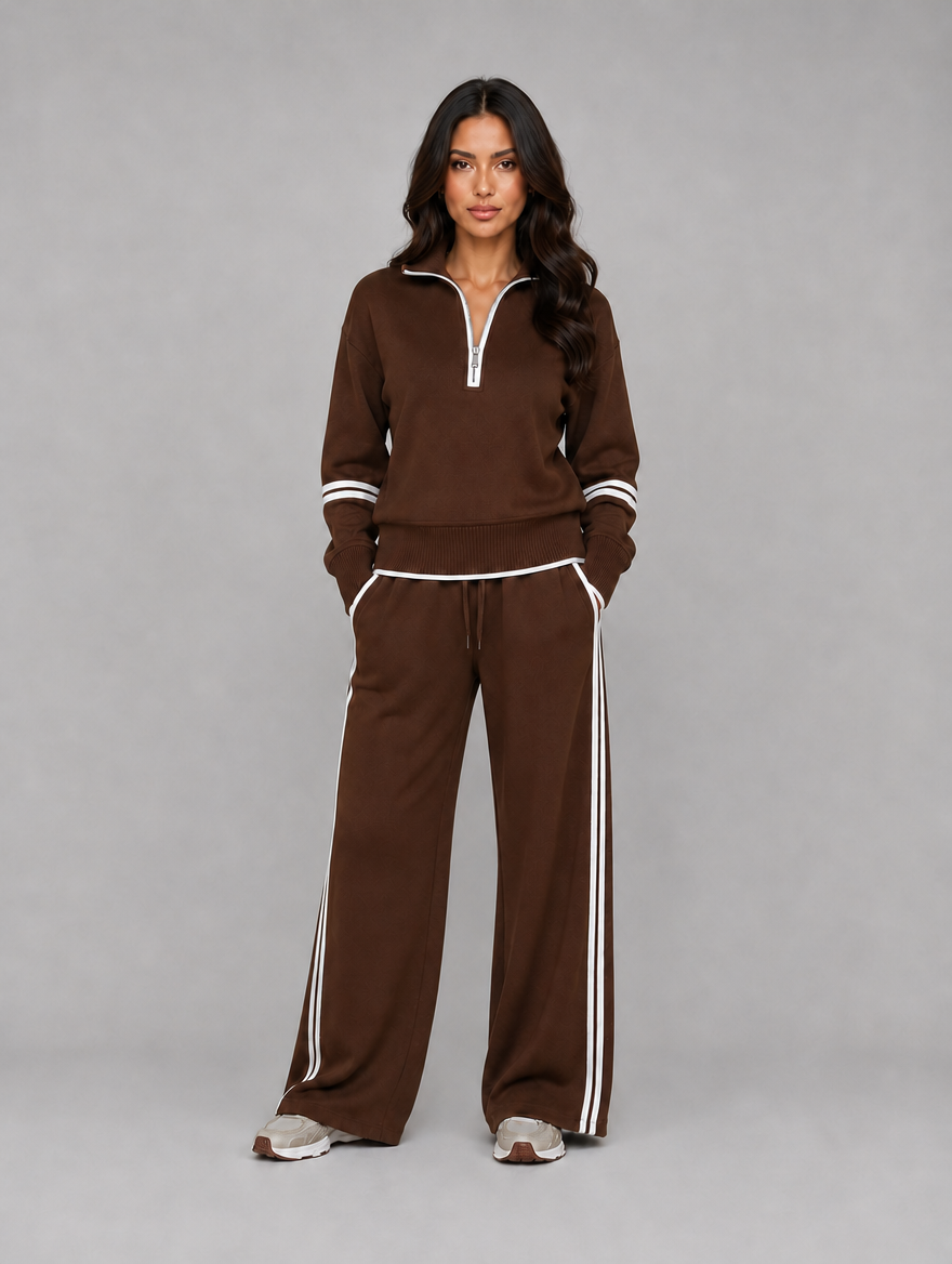 Women's Half Zip Lounge Co-Ord Set – Relaxed Fit Tracksuit — Brown