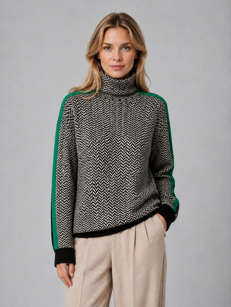 Women's Herringbone Turtleneck Jumper – Soft Knit High Neck Sweater — Green
