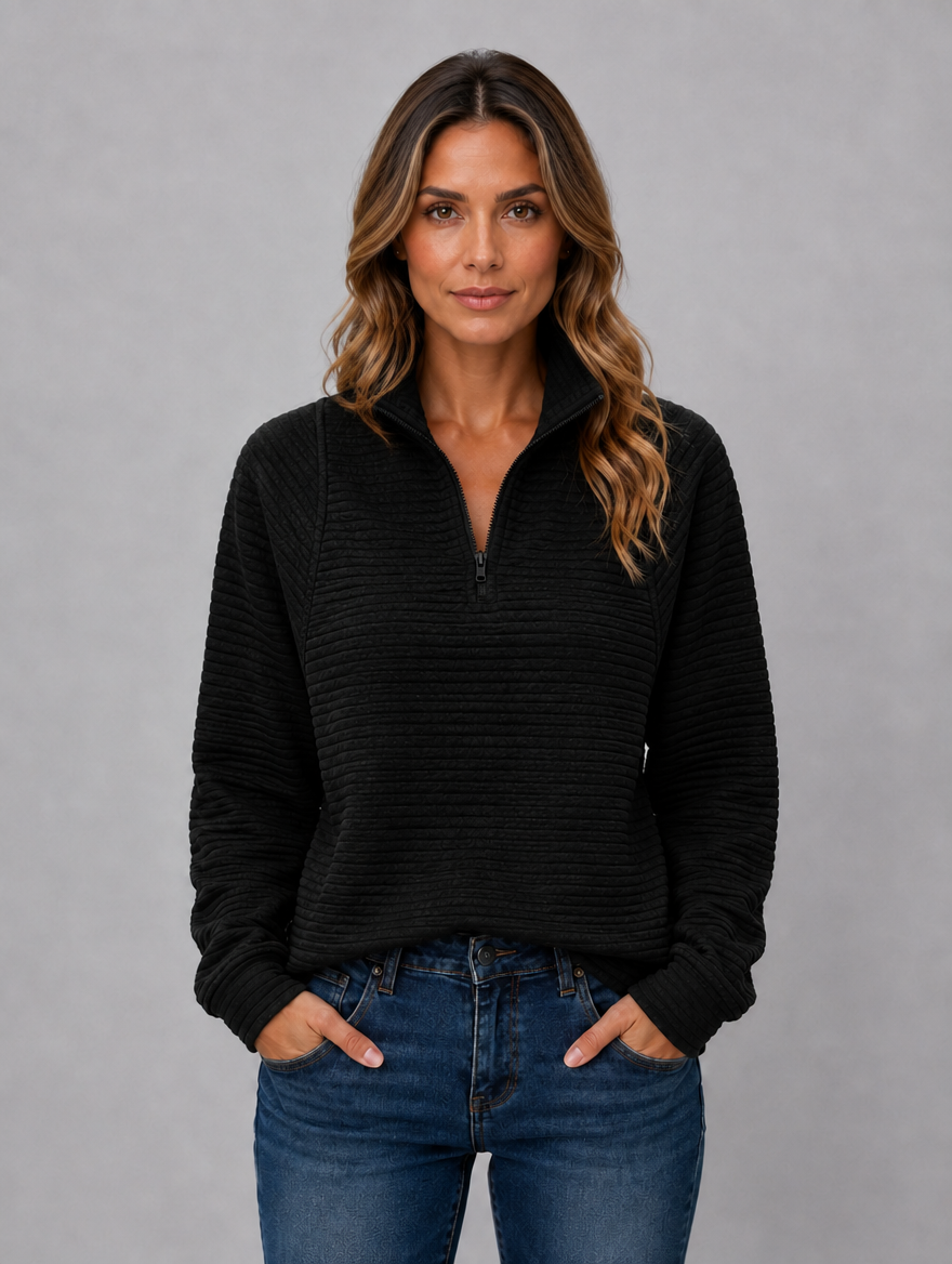 Women's Ribbed Half Zip Pullover — Black