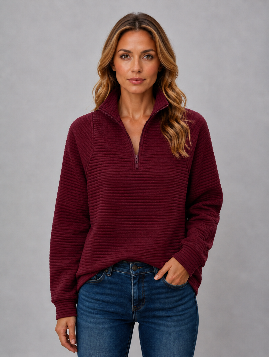 Women's Ribbed Half Zip Pullover — Burgundy