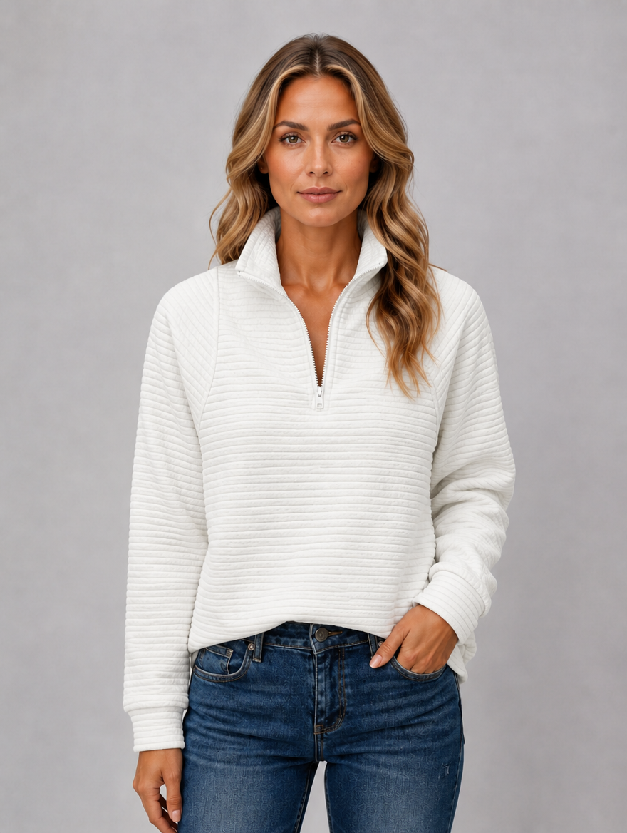 Women's Ribbed Half Zip Pullover — White