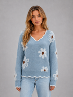 Women's Floral V-Neck Jumper — Light Blue