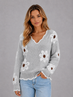 Women's Floral V-Neck Jumper — Grey