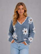 Women's Floral V-Neck Jumper — Dark Blue