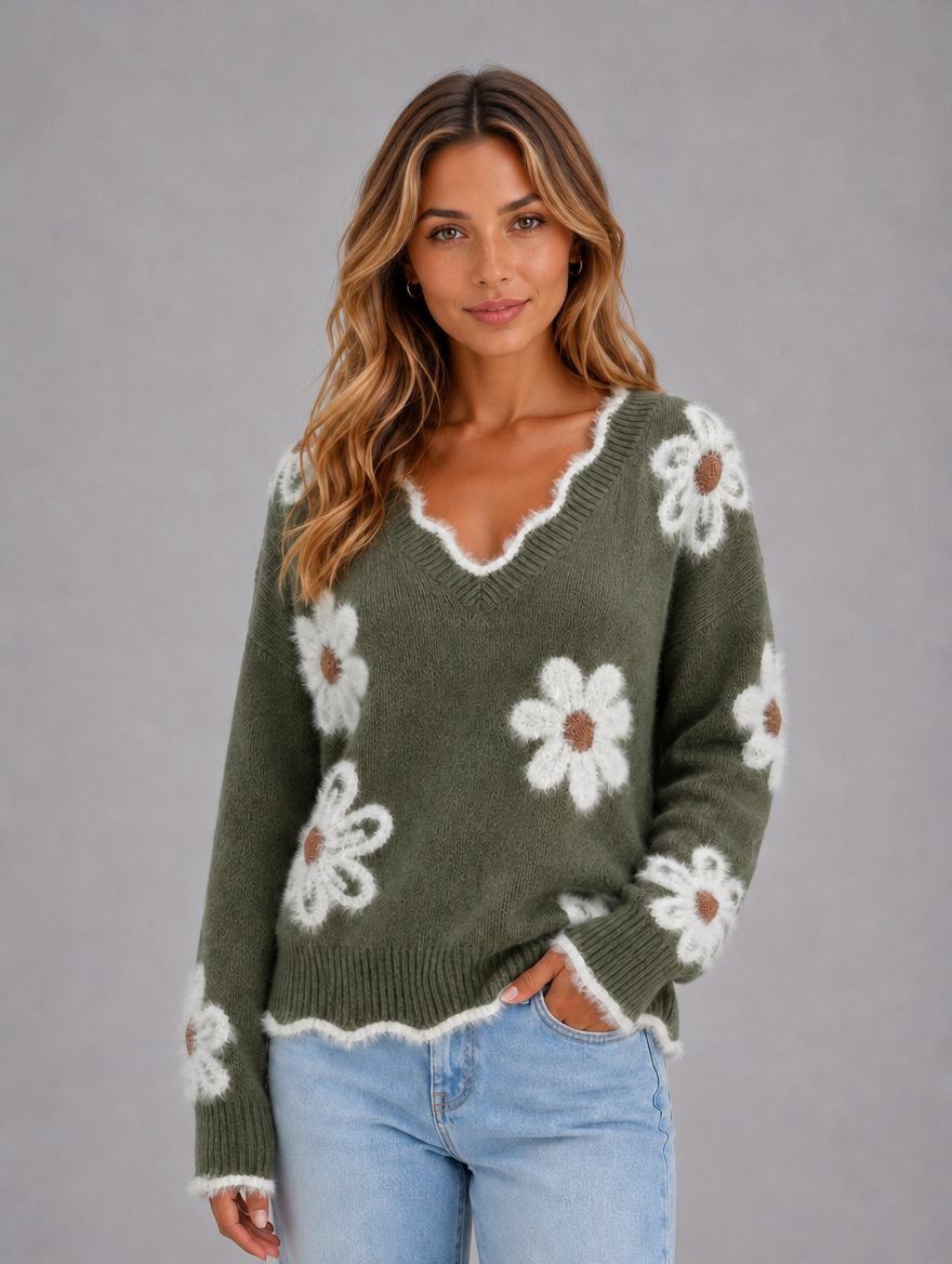 Women's Floral V-Neck Jumper — Dark Green