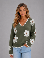 Women's Floral V-Neck Jumper — Dark Green