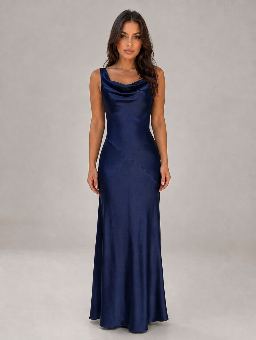 Women's Satin Feel Open Back Maxi Dress – Elegant Evening Gown — Navy