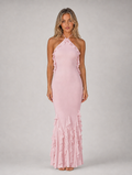 Women's Halterneck Ruffle Maxi Dress – Bodycon Fishtail Occasion Gown — Pink