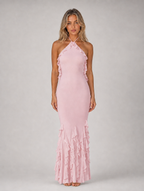 Women's Halterneck Ruffle Maxi Dress – Bodycon Fishtail Occasion Gown — Pink