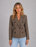 Women's Checked Double Breasted Blazer – Tailored Smart Jacket — Taupe