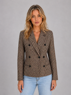 Women's Checked Double Breasted Blazer – Tailored Smart Jacket — Taupe