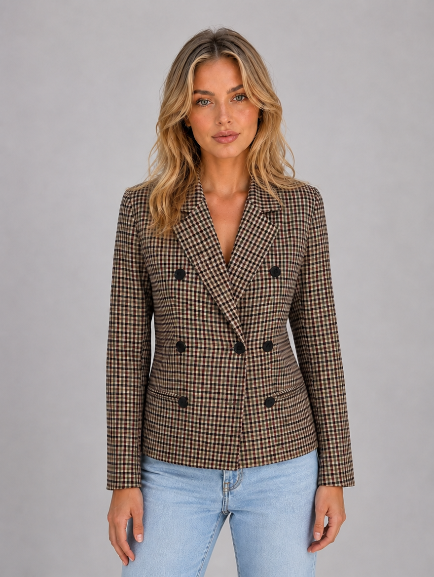 Women's Checked Double Breasted Blazer – Tailored Smart Jacket — Taupe