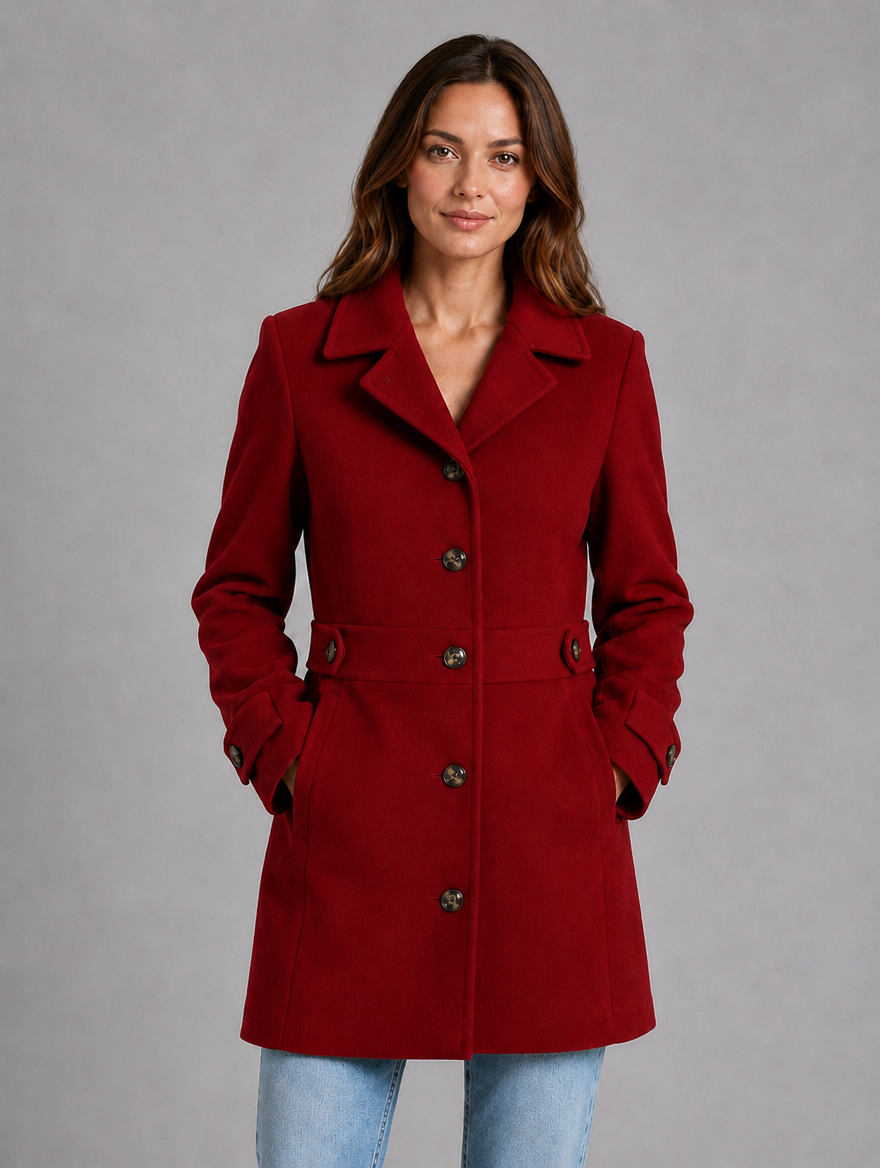 Women's Tailored Button Coat – Longline Collared Smart Jacket — Red