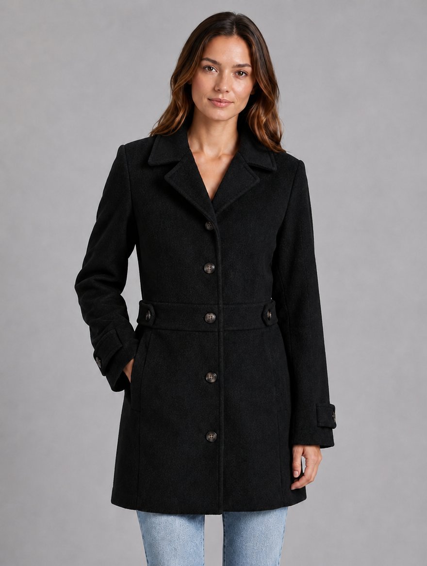 Women's Tailored Button Coat – Longline Collared Smart Jacket — Black