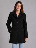 Women's Tailored Button Coat – Longline Collared Smart Jacket — Black