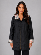 Women's Hooded Longline Rain Coat – Zip Up Lightweight Jacket — Black