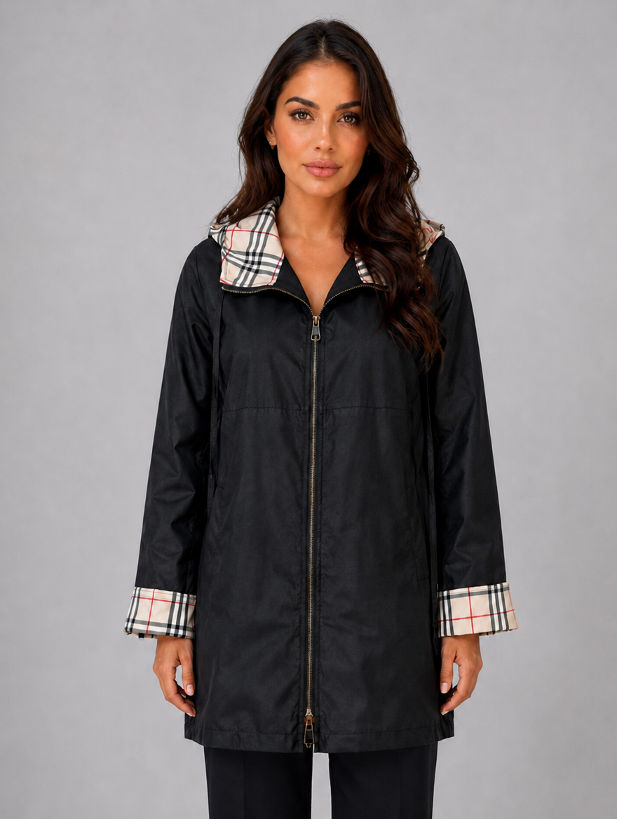 Women's Hooded Longline Rain Coat – Zip Up Lightweight Jacket — Black