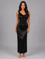 Women's Satin Feel Ruched Maxi Dress — Black
