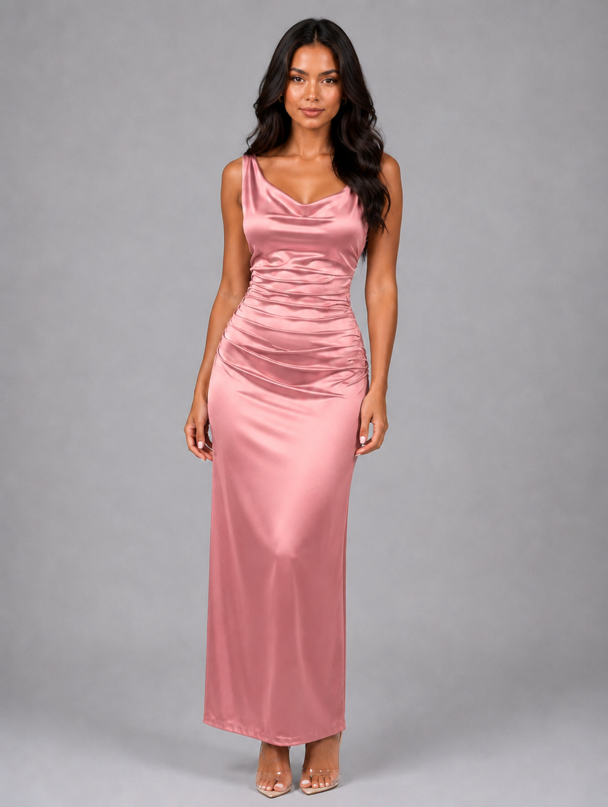 Women's Satin Feel Ruched Maxi Dress — Pink