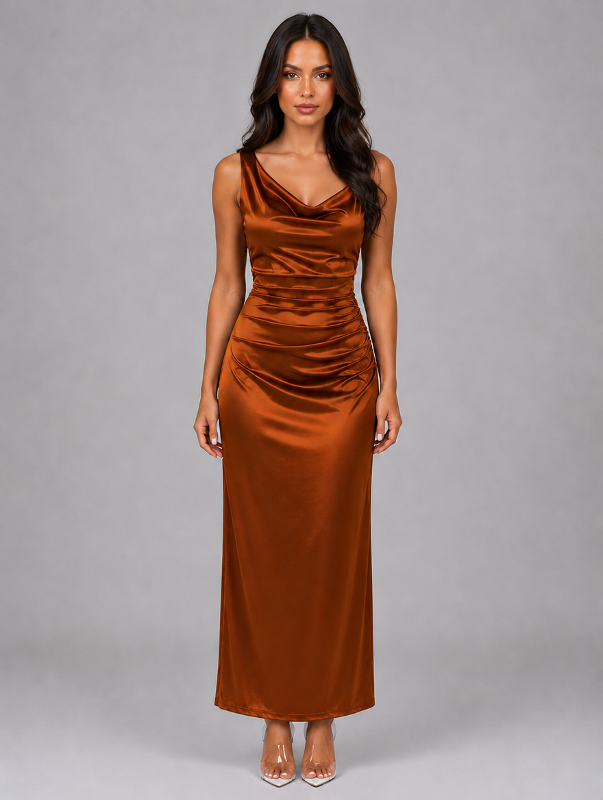 Women's Satin Feel Ruched Maxi Dress — Rust