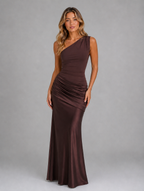 Women's One Shoulder Satin Feel Ruched Maxi Dress — Brown