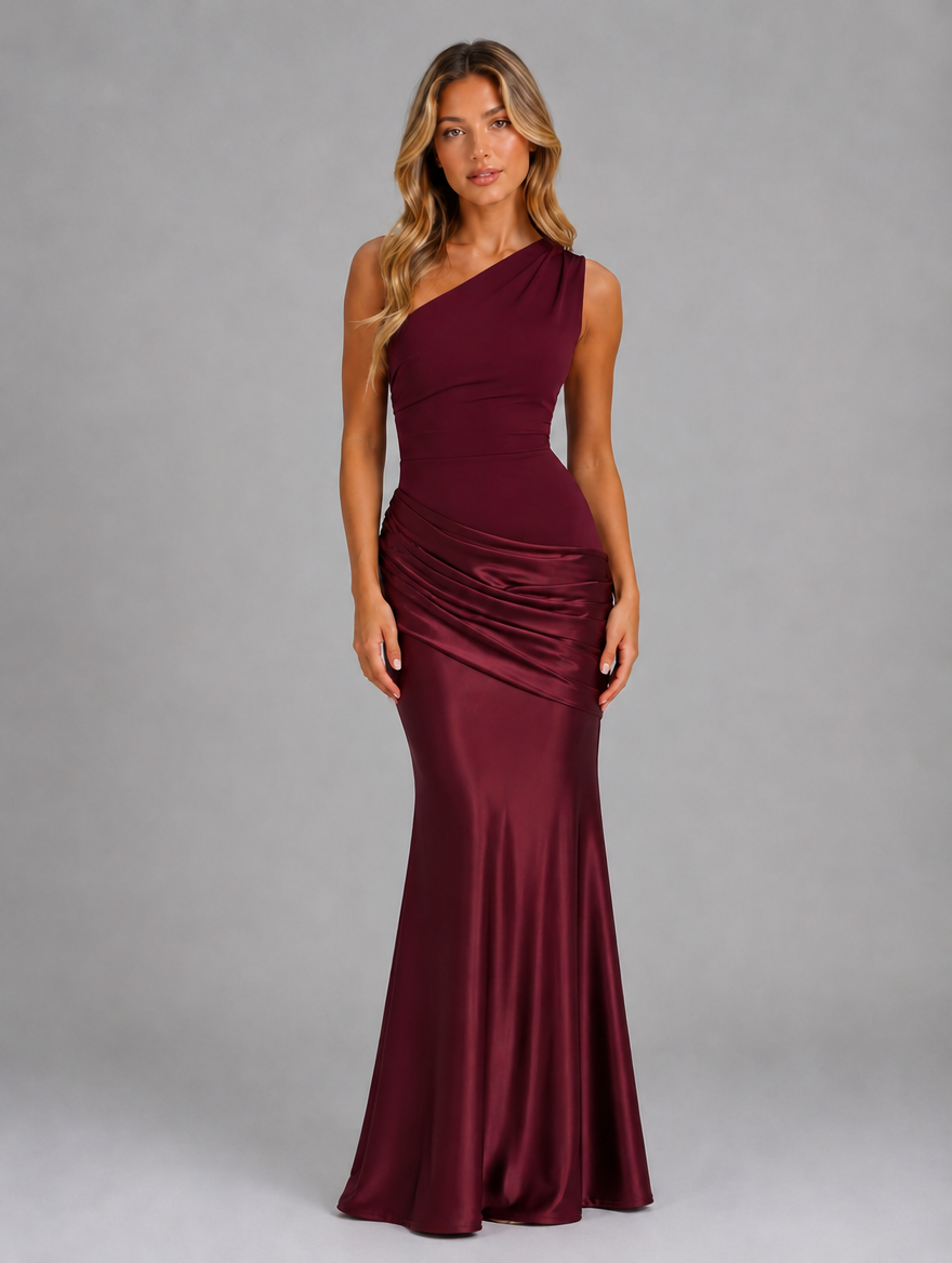 Women's One Shoulder Satin Feel Ruched Maxi Dress — Burgundy