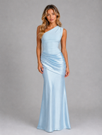 Women's One Shoulder Satin Feel Ruched Maxi Dress — Light Blue