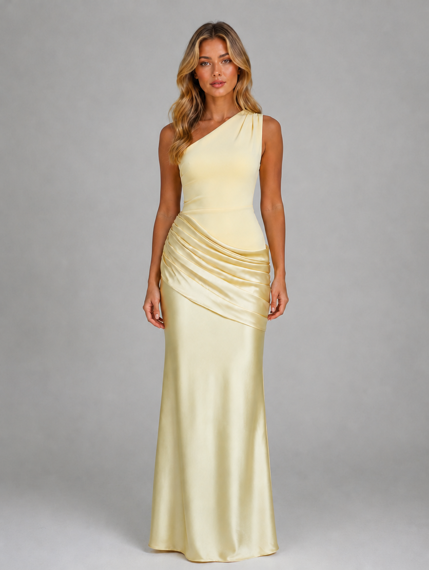 Women's One Shoulder Satin Feel Ruched Maxi Dress — Yellow
