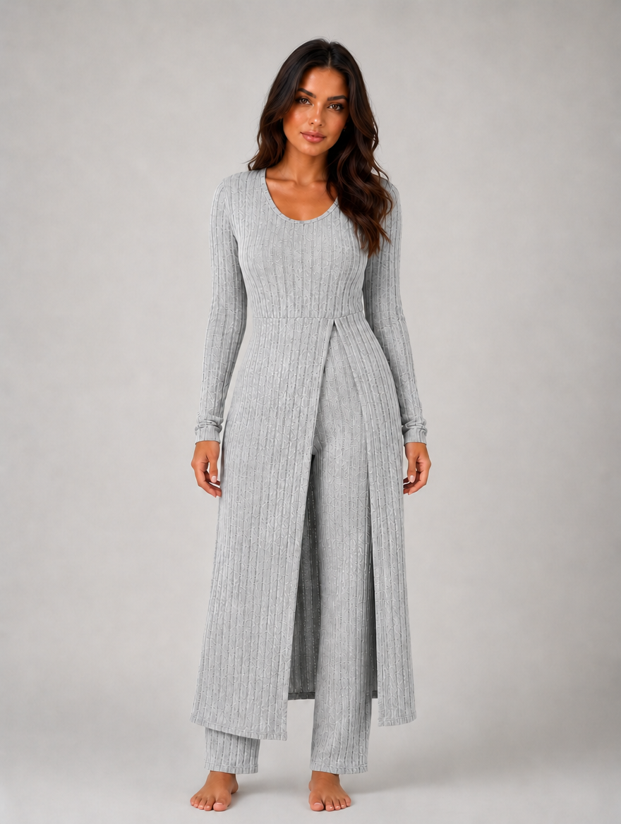 Women's Ribbed Soft Two-Piece Lounge Set - Relaxed Fit Co-Ord — Grey