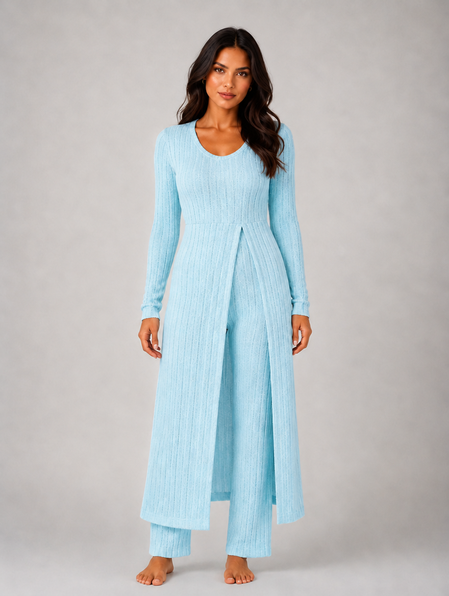 Women's Ribbed Soft Two-Piece Lounge Set - Relaxed Fit Co-Ord — Light Blue